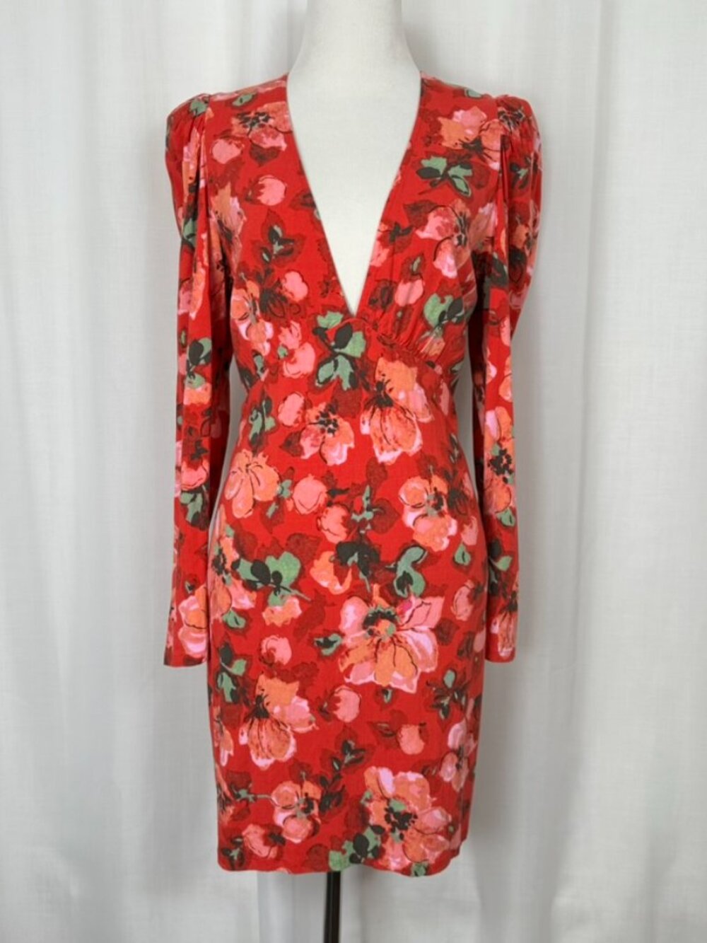 H&M Red Floral Puff Sleeve Mini Dress Medium Deep V-Neck Retro 80s‎ Empire Waist